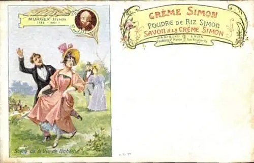 Ak Reklame, Creme Simon, Rice Powder Simon, Szene aus Bohemian Life, Murger Henri