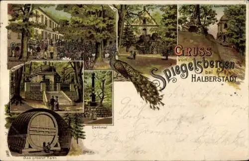 Litho Halberstadt in Sachsen Anhalt, Spiegelsberge, Pfau, Restauration, Mausoleum, Fass