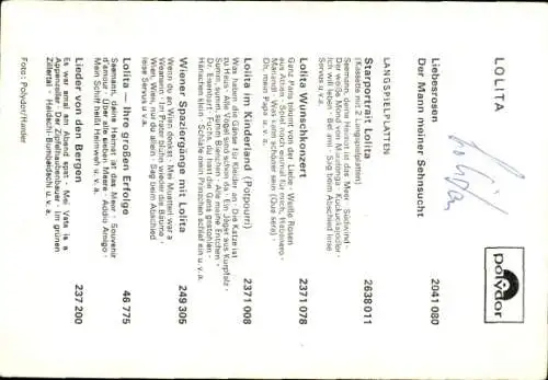 Ak Sängerin Lolita, Edith Einzinger, Portrait, Autogramm