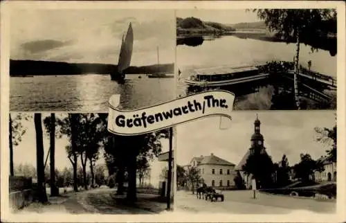 Ak Gräfenwarth Schleiz im Vogtland Thüringen, Segelboot, Straßenpartie, Kirche