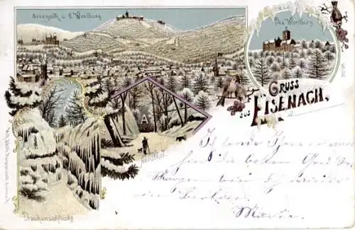 Glitzer Winter Litho Lutherstadt Eisenach in Thüringen, Wartburg, Drachenschlucht