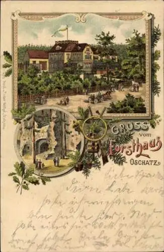 Litho Oschatz in Nordsachsen, Forsthaus, Wüste-Schloß, Gewehre