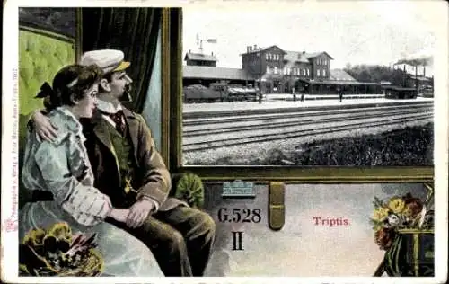 Passepartout Ak Triptis in Thüringen, Bahnhof, Gleisseite, Paar im Eisenbahnabteil