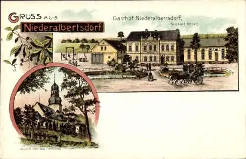 Ak Niederalbertsdorf Langenbernsdorf in Sachsen, Gasthof, Kirche