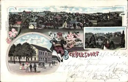 Litho Berbersdorf Striegistal in Sachsen, Gesamtansicht, Schule, Gasthof