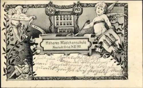 Litho Neustadt an der Orla, Höhere Mädchenschule, Jubelfeier, Engel, Wappen