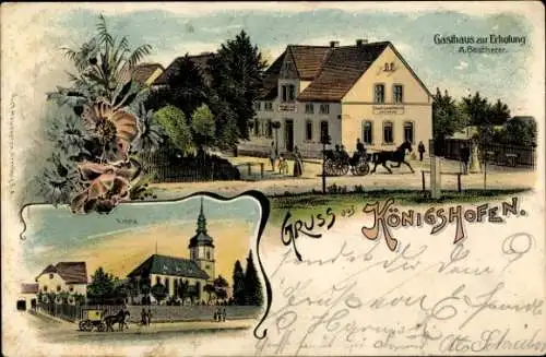 Litho Königshofen Heideland in Thüringen, Kirche, Gasthaus zur Erholung