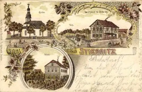 Litho Striebritz Hainichen in Thüringen, Kirche, Schule, Gasthaus