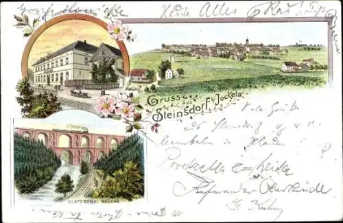 Litho Steinsdorf bei Jocketa Pöhl, Gasthof zum Hirschen, Elsterthalbrücke