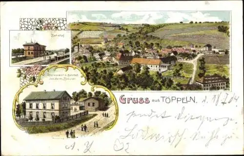 Litho Töppeln Kraftsdorf in Thüringen, Gesamtansicht, Bahnhof, Restaurant zum Bahnhof