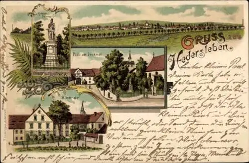 Litho Hedersleben im Vorharz, Kriegerdenkmal, Platz, Kloster