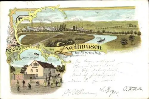 Litho Zweihausen an  der Saale Könnern in Sachsen Anhalt, Gesamtansicht, Gasthaus zum Anker