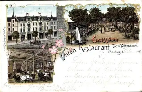 Litho Bernburg an der Saale Salzlandkreis, Union Restaurant, Jean Rühmland, Saal, Garten