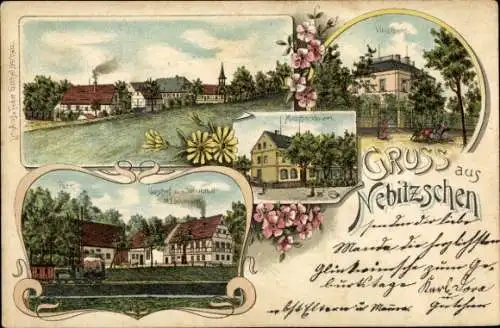 Litho Nebitzschen Mügeln in Nordsachsen, Park, Villa Riedel, Gasthof zum Döllnitztal