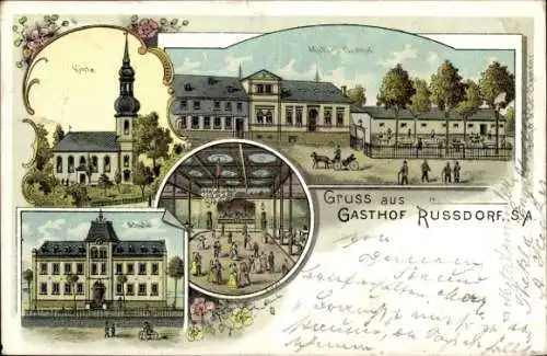 Litho Rußdorf Limbach Oberfrohna Sachsen, Kirche, Schule, Müllers-Gasthof