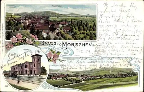 Litho Morschen in Hessen, Bahnhof, Gleisseite, Totalansicht