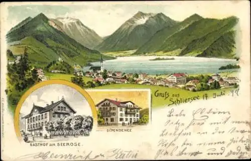 Litho Schliersee in Oberbayern, Gasthof zur Seerose, Dependance, Panorama