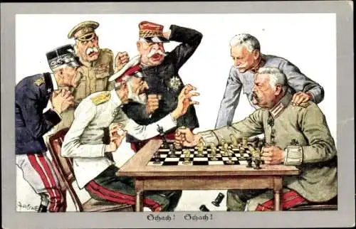 Künstler Ak Zasche, Schach, Hindenburg, Hötzendorf, Joffre, French, Cordona, Großfürst Romanow