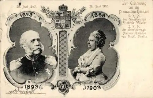 Ak Großherzog Friedrich Wilhelm von Mecklenburg Strelitz, Auguste Karoline, Diamantene Hochzeit 1903