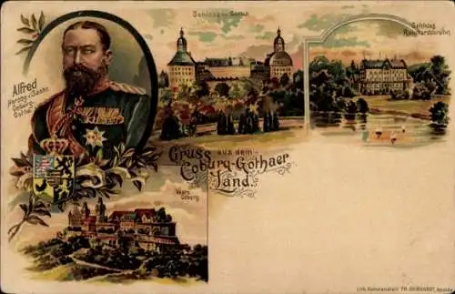 Litho Herzog Alfred von Sachsen Coburg Gotha, Schloss Gotha, Schloss Reinhardsbrunn, Veste Coburg