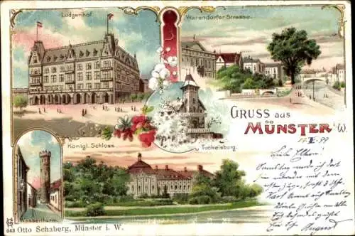 Litho Münster in Westfalen, Ludgerihof, Warendorfer Straße, Königliches Schloss, Wasserturm