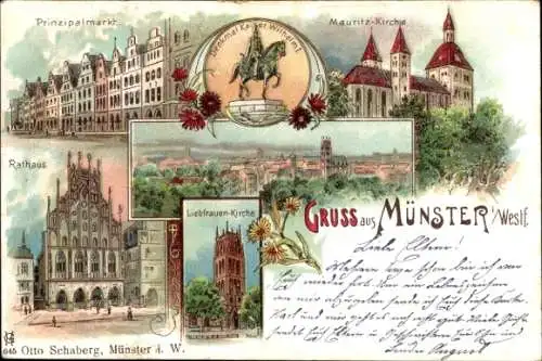 Litho Münster in Westfalen, Prinzipalmarkt, Mauritz-Kirche, Rathaus, Liebfrauen-Kirche