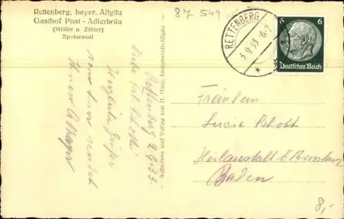 Ak Rettenberg im Allgäu, Gasthof Post Adlerbräu, Innenansicht