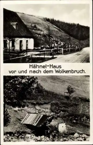 Ak Johanngeorgenstadt im Erzgebirge, Hähnel-Haus vor und nach dem Wolkenbruch Juli 1931