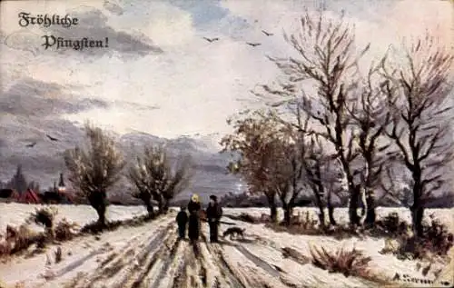 Künstler Ak Fröhliche Pfingsten, Winterlandschaft, Spaziergänger, Hund