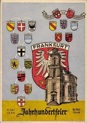 Wappen Ak Frankfurt am Main, Jahrhundertfeier Frankfurter Nationalversammlung 1948, Paulskirche