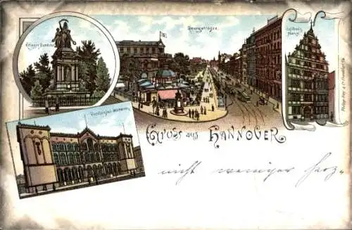 Litho Hannover in Niedersachsen, Georgstraße, Kriegerdenkmal, Leibnizhaus, Provinzialmuseum