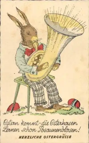 Ak Glückwunsch Ostern, Osterhase spielt ein Musikinstrument, Ostereier