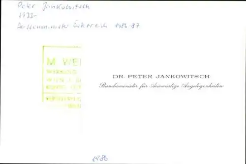 Foto Dr. Peter Jankowitsch, Bundesminister für Auswärtige Angelegenheiten, Autogramm