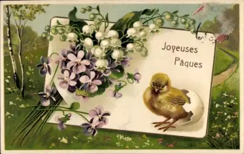 Präge Ak Glückwunsch Ostern, Küken, Veilchen, Maiglöckchen