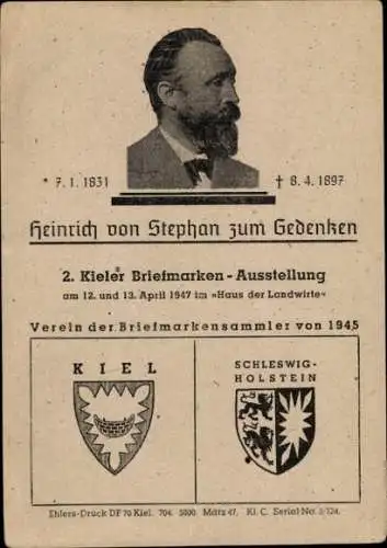 Wappen Ak Kiel, 2. Kieler Briefmarkenausstellung 1947, Heinrich von Stephan zum Gedenken