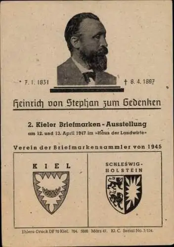 Wappen Ak Kiel, 2. Kieler Briefmarkenausstellung 1947, Heinrich von Stephan zum Gedenken