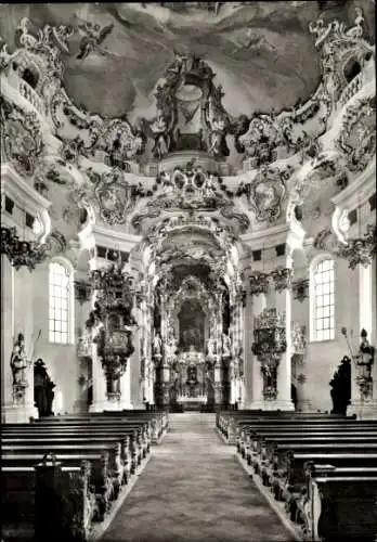 Ak Wies Steingaden in Oberbayern, Wieskirche, Wallfahrtskirche Wies, Längsblick Kirchenraum