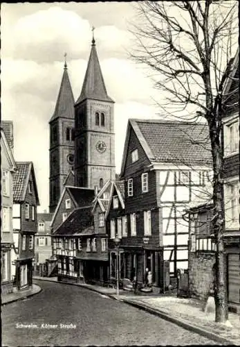 Ak Schwelm in Westfalen, Kölner Straße, Kirchturm, Fachwerkhaus