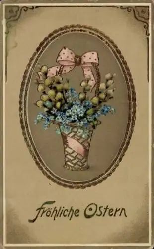 Präge Passepartout Ak Glückwunsch Ostern, Weidenkätzchen, Vergissmeinnicht, Blumenvase