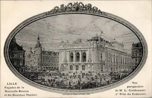 Passepartout Ak Lille Nord, vue d'ensemble du Nouveau Theatre et de la Nouvelle Bourse, Plan