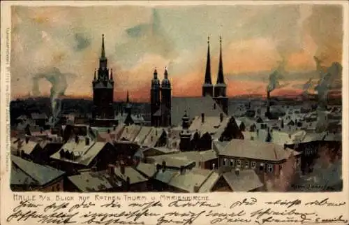 Künstler Litho Diemer, Zeno, Halle an der Saale, Blick auf Rothen Turm und Marienkirche