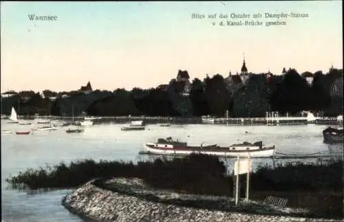 Ak Berlin Zehlendorf Wannsee, Ostufer, Dampferstation von der Kanalbrücke gesehen