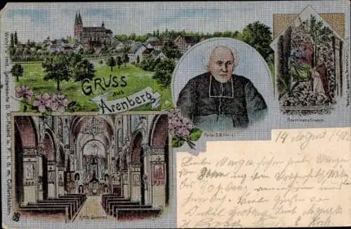 Litho Arenberg Koblenz am Rhein, Kirche, Innenansicht, Rosenkranz-Gruppe, Porträt, Seidenimitatkarte