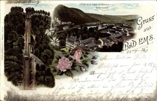 Litho Bad Ems an der Lahn, Hotel zu den vier Türmen, Malbergbahn, neue Kirche