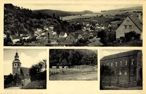 Ak Michelbach in Nassau Aarbergen Hessen, Panorama, Kirche, Schwimmbad, Schule