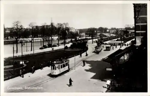 Ak Groningen Niederlande, Stationsplein, Straßenbahn