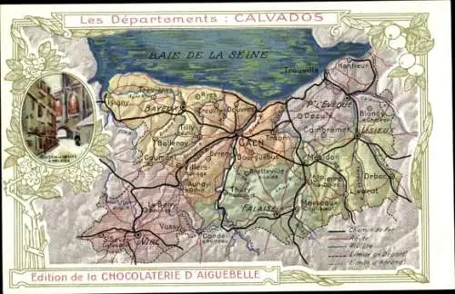 Landkarten Ak Calvados, Reklame Chocolaterie d'Aiguebelle, Caen, Falaise