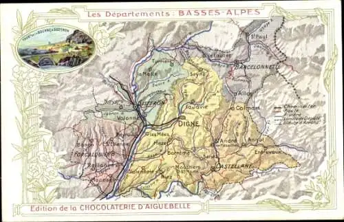 Landkarten Ak Basses-Alpes, Reklame Chocolaterie d'Aiguebelle, Digne, Volonne, Castellane