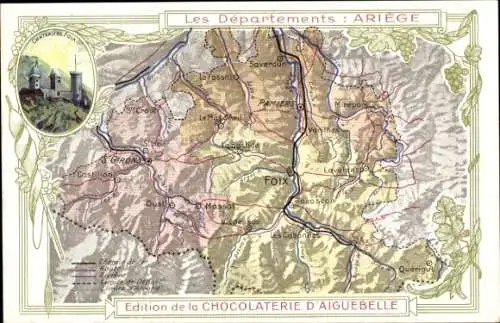 Landkarten Ak Ariege, Reklame Chocolaterie d'Aiguebelle, Foix, Pamiers, Saint Girons