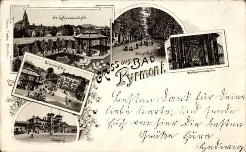 Litho Bad Pyrmont in Niedersachsen, Stahlbrunnenhalle, Bahnhof, Quelle, Hauptallee